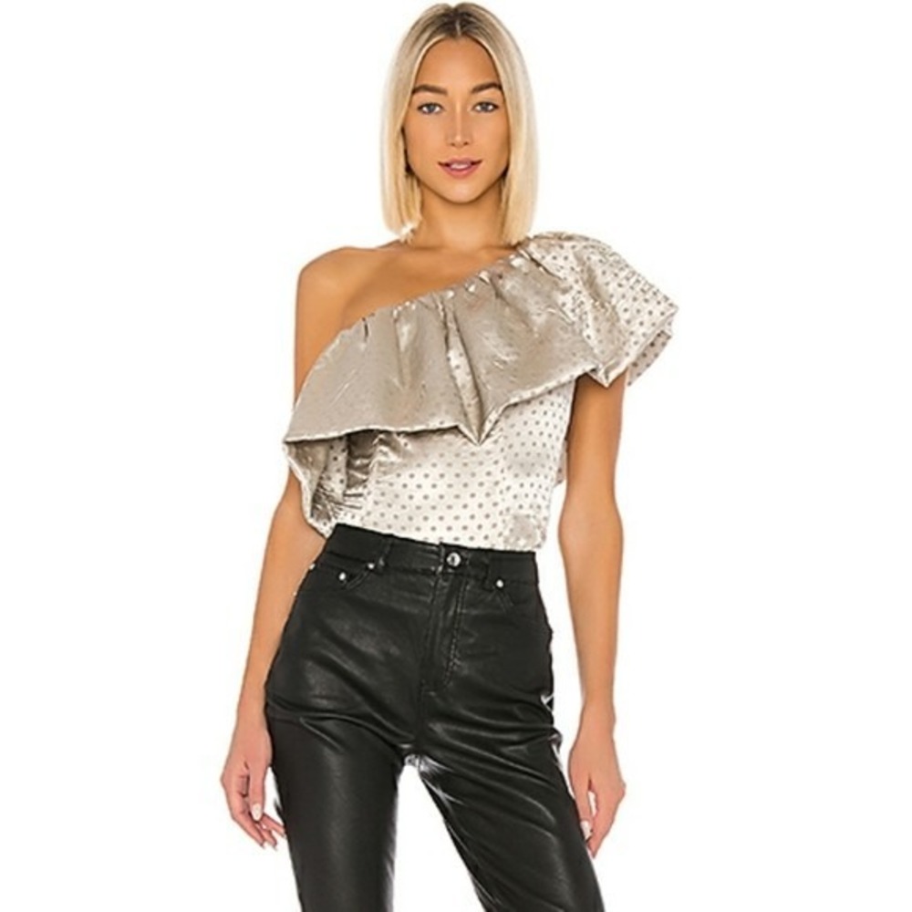 LPA Josephine Top Metallic Gold One-Shoulder Ruffle Overlay‎ Party Dressy Size M